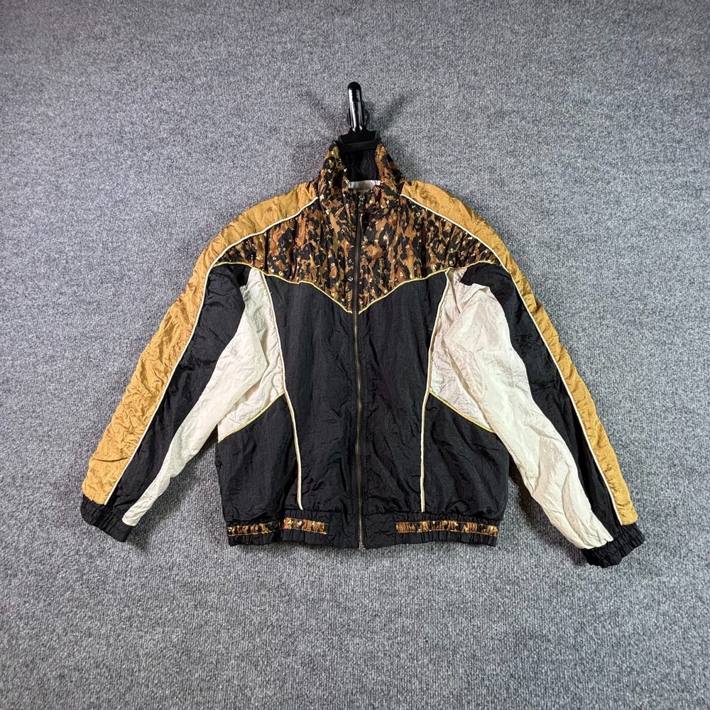 Vintage Evri Windbreaker Jacket Womens PS Black Nylon Gorpcore Leopard Print Zip